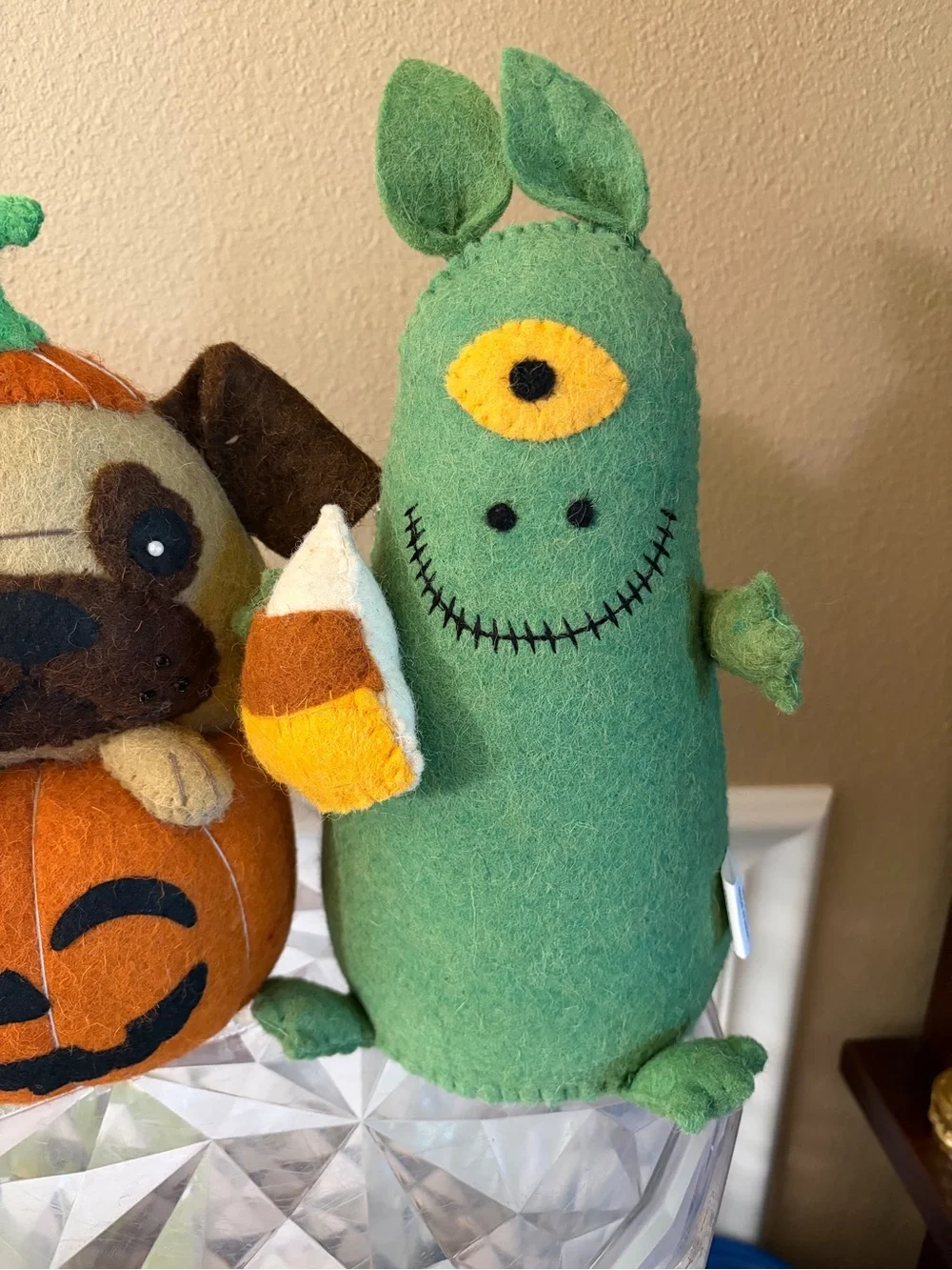 Wool Weighted Halloween Decor Pug Pumpkin Pup & Green Candy Corn Monster